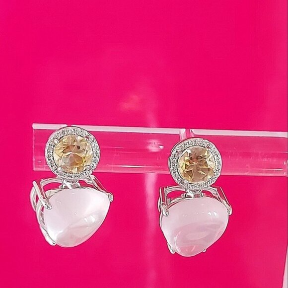 Natural Rose Quartz, Citrine & CZ‎ 925 Sterling Silver Earrings - Picture 4 of 12